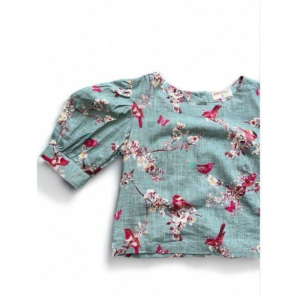 Bombay Paisley XS Linen Crop Top Bird Print Puff Sleeve Blouse Fairy Garden - Picture 3 of 16